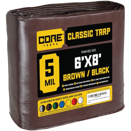 Heavy Duty Tarp, 8 ft L x 0.5 mm H x 6 ft W, 5 Mil, Brown/Black, Polyethylene